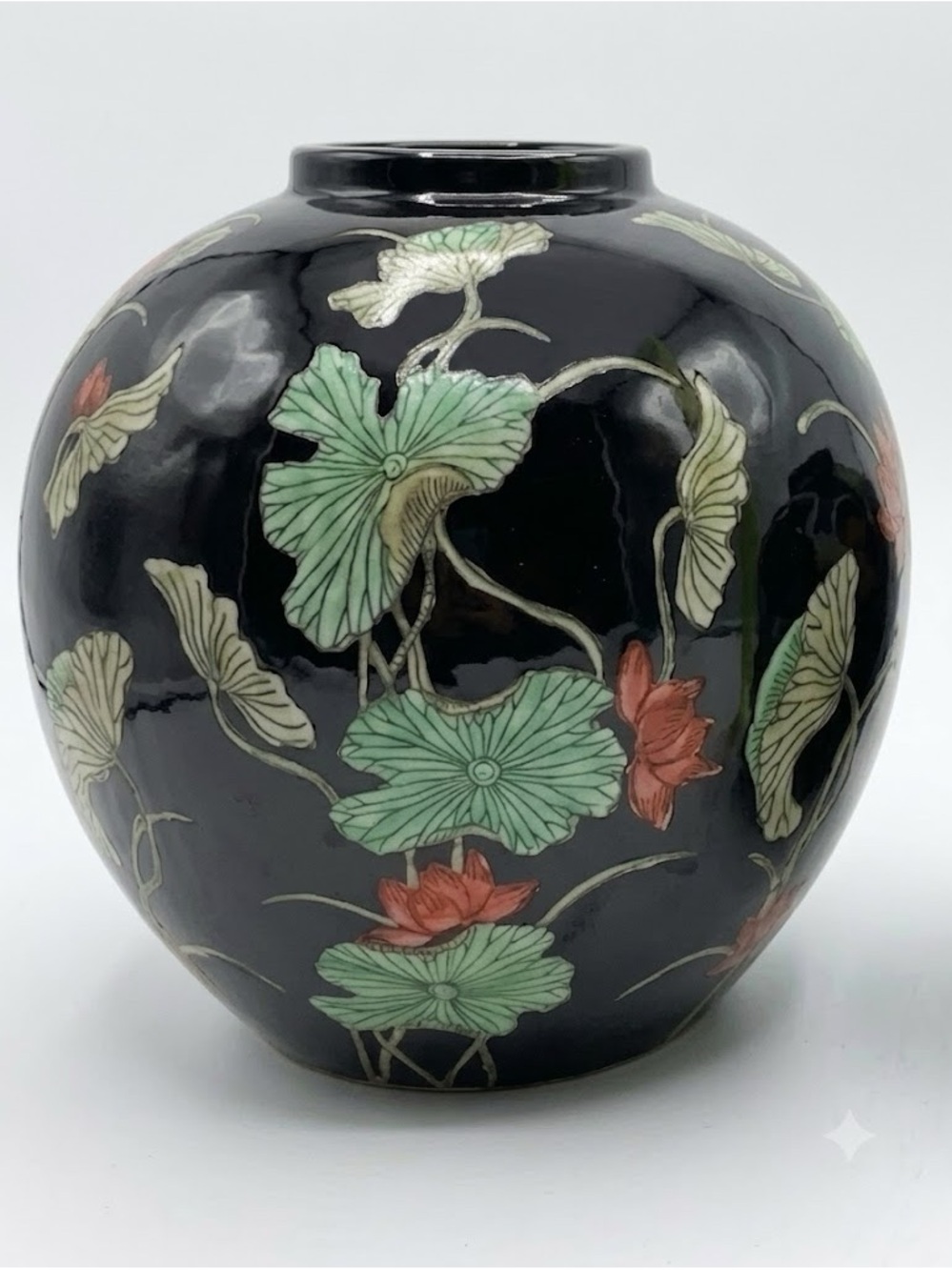 Black Ceramic Lotus Vase with Green and Coral Floral Motif